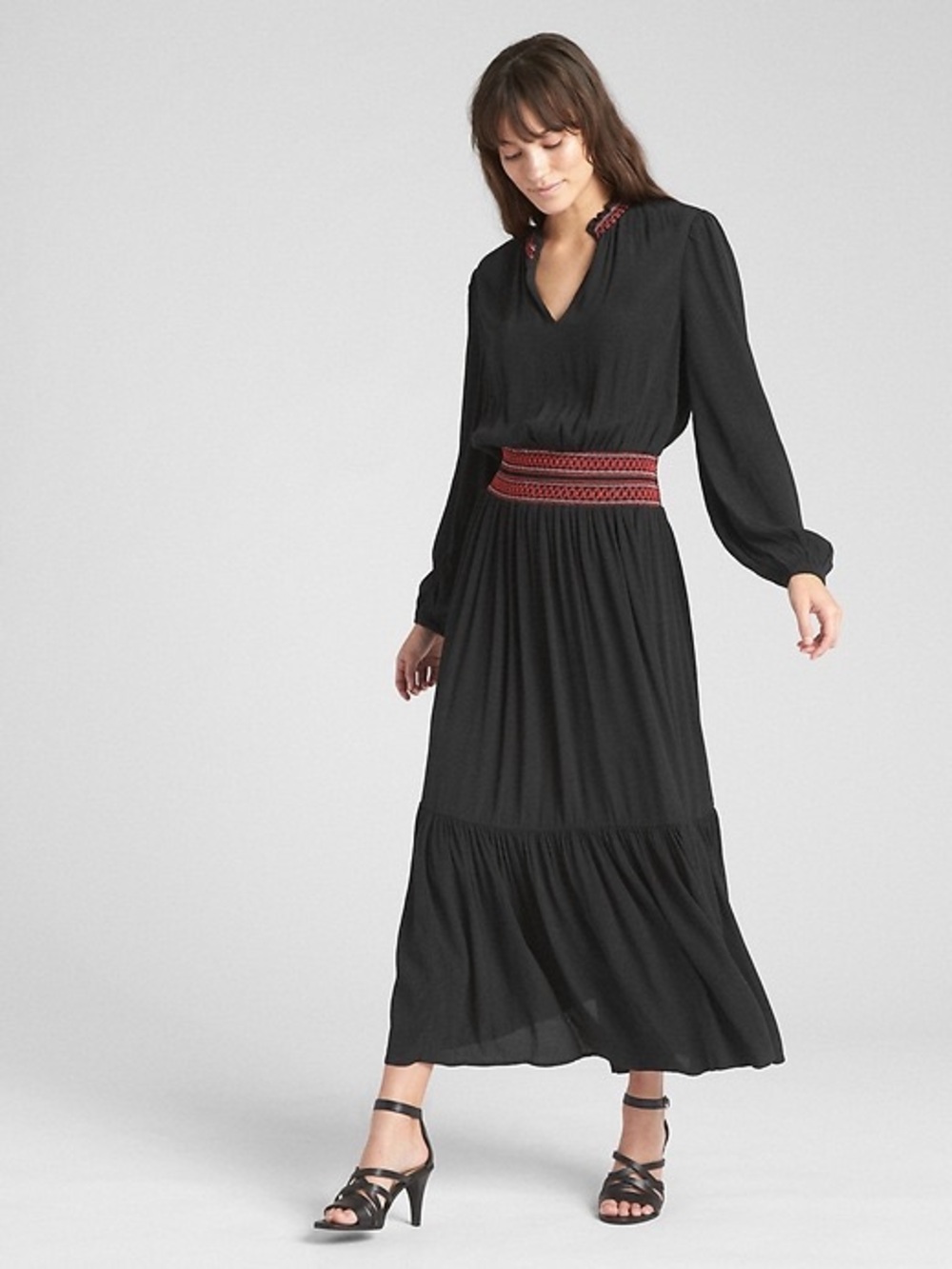 GAP Black Maxi Dress with Red Embroidered Waist and Neck